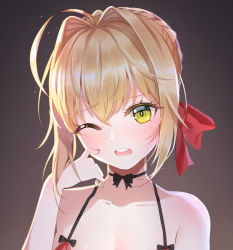 Rule 34 | 10s, 1girl, ahoge, arm up, bare shoulders, blonde hair, blue shrimp, blush, braid, choker, collarbone, commentary, dress, fate/extra, fate (series), french braid, gradient background, green eyes, hair bun, hair intakes, highres, looking at viewer, nero claudius (fate), nero claudius (fate) (all), nero claudius (fate/extra), one eye closed, open mouth, red dress, red ribbon, ribbon, ribbon choker, single hair bun, solo, spaghetti strap