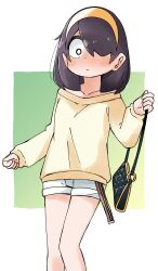 Rule 34 | 1girl, absurdres, bag, bare legs, black bag, black hair, blush, casual, clenched hands, closed mouth, collarbone, embarrassed, feet out of frame, full-face blush, gradient background, green background, hair behind ear, hair over one eye, hairband, hand up, handbag, highres, holding, holding bag, jijou wo shiranai tenkousei ga guigui kuru., kawamura taku, long bangs, long sleeves, looking at viewer, looking down, nishimura akane, official art, one eye covered, outside border, puffy long sleeves, puffy sleeves, sanpaku, short hair, short shorts, shorts, sleeves past wrists, solo, standing, sweater, two-tone background, white background, white eyes, white shorts, yellow hairband, yellow sweater