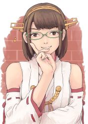 Rule 34 | 1girl, brick wall, brown eyes, brown hair, commentary request, detached sleeves, glasses, green-framed eyewear, hairband, headgear, highres, japanese clothes, kantai collection, kirishima (kancolle), looking at viewer, realistic, ribbon-trimmed sleeves, ribbon trim, short hair, solo, vent arbre