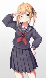 Rule 34 | 1girl, ;), ahoge, arm up, black ribbon, black sailor collar, black serafuku, black shirt, black skirt, blonde hair, blue eyes, blush, breasts, closed mouth, collarbone, commentary request, enuni, gradient background, grey background, hair bobbles, hair ornament, hair ribbon, hairband, hairclip, hand on own hip, highres, long hair, long sleeves, looking at viewer, neckerchief, one eye closed, orange hairband, original, pleated skirt, puffy long sleeves, puffy sleeves, red neckerchief, revision, ribbon, sailor collar, school uniform, serafuku, shirt, skirt, sleeves past wrists, small breasts, smile, solo, standing, twintails, white background