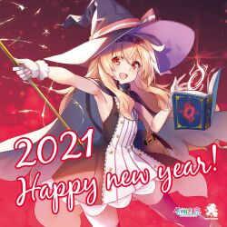 Rule 34 | 1girl, 2021, :d, armpits, bare arms, book, breasts, cape, company name, dress, gloves, hairband, happy new year, hat, hat ribbon, highres, holding, holding book, holding wand, little witch nobeta, logo, long hair, looking at viewer, new year, nobeta, official art, open mouth, purple hat, purple thighhighs, red background, red eyes, ribbon, sidelocks, small breasts, smile, solo, striped clothes, striped dress, thighhighs, vertical-striped clothes, vertical-striped dress, wand, white gloves, witch, witch hat