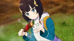 Rule 34 | 1girl, black hair, blue eyes, blush, day, food, game cg, hair ornament, highres, holding, holding food, official art, outdoors, premiere (sao), short hair, smile, solo, steam, sweater, sword art online, sword art online: fatal bullet, upper body
