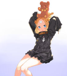 Rule 34 | 1girl, :d, abigail williams (fate), abigail williams (traveling outfit) (fate), arms up, black bow, black jacket, blonde hair, blue eyes, blush, bow, commentary request, crossed bandaids, fate/grand order, fate (series), garun wattanawessako, gradient background, hair bow, hair bun, heroic spirit traveling outfit, jacket, long hair, long sleeves, looking at viewer, official alternate costume, on head, open mouth, orange bow, parted bangs, polka dot, polka dot bow, purple background, single hair bun, sitting, sleeves past fingers, sleeves past wrists, smile, solo, star (symbol), stuffed animal, stuffed toy, teddy bear, white background