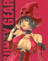 Rule 34 | 1girl, arc system works, bad id, bad pixiv id, bare shoulders, black hair, breasts, cleavage, collarbone, detached sleeves, female focus, fingerless gloves, gloves, green eyes, guilty gear, hat, i-no, knife (artist), lips, mole, o-ring, o-ring top, red hat, short hair, solo