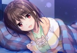 Rule 34 | 1girl, :d, aibeya, animal print, bed, breasts, brown hair, cat print, clothed sex, collarbone, eyes visible through hair, hayami aki, large breasts, light blush, looking at viewer, night, official art, on bed, on pillow, open mouth, oryo (oryo04), pillow, red eyes, short hair, sleepwear, smile, solo, under covers, variant set