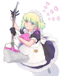 Rule 34 | 1boy, alternate costume, alternate hairstyle, apron, ascot, back bow, black dress, bow, braid, dress, from above, gloves, green hair, hair bow, half gloves, heart, highres, holding, holding mop, kome 1022, lio fotia, maid, maid apron, maid headdress, male focus, mop, name tag, open mouth, pink ascot, pink bow, promare, puffy short sleeves, puffy sleeves, purple eyes, short hair, short sleeves, simple background, solo, trap, white background, white wrist cuffs, wrist cuffs