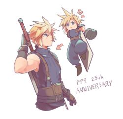 Rule 34 | 1boy, armor, asymmetrical arms, belt, belt buckle, blonde hair, blue eyes, buckle, chibi, chibi inset, cloud strife, final fantasy, final fantasy vii, gloves, hand on weapon, jumping, low poly, male focus, multiple belts, pauldrons, puffy pants, short hair, shoulder armor, single pauldron, sleeveless, sleeveless turtleneck, solo, spiked hair, standing, suspenders, sword, tasituma2, turtleneck, weapon, weapon on back, white background