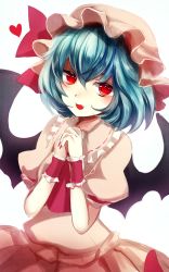 Rule 34 | 1girl, :d, ascot, bat wings, blue hair, blush, dress, fangs, frills, own hands clasped, hat, hat ribbon, heart, highres, looking at viewer, maho moco, mob cap, nail polish, one-hour drawing challenge, open mouth, own hands together, pink dress, puffy short sleeves, puffy sleeves, red eyes, red nails, red ribbon, remilia scarlet, ribbon, short hair, short sleeves, skirt, skirt set, smile, solo, touhou, upper body, vampire, white background, wings, wrist cuffs