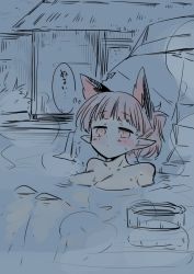 Rule 34 | 1girl, :/, alternate hairstyle, animal ears, bath, bathing, blunt bangs, blush, cat ears, collarbone, extra ears, kaenbyou rin, looking ahead, mizuga, nude, onsen, partially submerged, pointy ears, ponytail, ripples, solo, touhou, water, wet