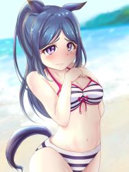 Rule 34 | 1girl, animal ears, bare shoulders, beach, bikini, blue hair, blurry, blurry background, blush, breasts, cleavage, clenched hands, closed mouth, day, embarrassed, halterneck, hands on own chest, highres, horse ears, horse girl, horse tail, kemonomimi mode, long hair, love live!, love live! sunshine!!, matsuura kanan, medium breasts, navel, ocean, omoi seiji, ponytail, purple eyes, sidelocks, solo, striped bikini, striped clothes, swimsuit, tail, tearing up, tears, umamusume, wavy mouth