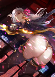 Rule 34 | 1girl, ass, bow (weapon), eyebrows hidden by hair, fate/grand order, fate (series), hair ribbon, holding, holding bow (weapon), holding weapon, incoming attack, jikihatiman, kama (fate), kama (second ascension) (fate), long hair, looking at viewer, looking back, purple thighhighs, red eyes, ribbon, silver hair, sleeveless, smile, solo, thighhighs, weapon