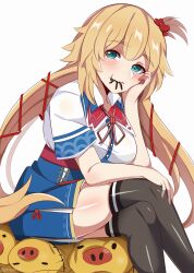 Rule 34 | 1girl, absurdres, akai haato, akai haato (1st costume), black thighhighs, blonde hair, blue eyes, blue skirt, blush, breasts, bug, collared shirt, dvljoe, eating bugs, haaton (akai haato), hair ornament, hair ribbon, hand on knees, head rest, heart, heart hair ornament, highres, hololive, large breasts, looking at viewer, medium breasts, red ribbon, ribbon, shirt, side ponytail, skirt, smile, spider, thighhighs, twintails, virtual youtuber, white shirt
