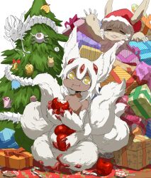 Rule 34 | 1girl, 1other, animal ears, apple, character request, christmas present, christmas tree, claws, dark-skinned female, dark skin, eating, extra arms, faputa, food, fruit, furry, gift, hair between eyes, highres, horizontal pupils, looking at viewer, made in abyss, monster girl, multiple tails, nanachi (made in abyss), navel, open mouth, short hair, simple background, tail, whiskers, white fur, white hair, xiaopizi32439, yellow eyes