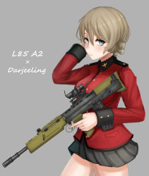 Rule 34 | 10s, 1girl, absurdres, arm behind head, assault rifle, black skirt, blonde hair, blue eyes, braid, bullpup, carbine, character name, closed mouth, commentary, cowboy shot, cursive, darjeeling (girls und panzer), english text, epaulettes, girls und panzer, grey background, gun, highres, holding, holding gun, holding weapon, jacket, l85, light frown, long sleeves, looking at viewer, machine gun, military, military uniform, miniskirt, pleated skirt, red jacket, rifle, sa80, short hair, simple background, skirt, solo, squad automatic weapon, st. gloriana&#039;s military uniform, tacch, trigger discipline, twin braids, uniform, weapon
