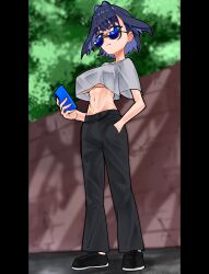 Rule 34 | 1girl, absurdres, blue eyes, blue hair, breasts, cellphone, covered erect nipples, hair intakes, hand in pocket, highres, hololive, hololive english, koizumi arata, large breasts, midriff, multicolored hair, navel, ouro kronii, pants, phone, shirt, short hair, smartphone, solo, sunglasses, tree, underboob, virtual youtuber, wall