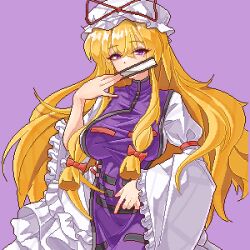 Rule 34 | 1girl, blonde hair, bow, breasts, dress, eaglov, fan to mouth, frilled sleeves, frills, hand fan, hat, highres, holding, holding fan, large breasts, long hair, long sleeves, mob cap, mole, mole under eye, pink background, pixel art, purple dress, purple eyes, red bow, sidelocks, touhou, very long hair, white dress, wide sleeves, yakumo yukari