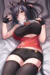 Rule 34 | 1girl, absurdres, animal ears, arknights, bandeau, bed sheet, black gloves, black hair, black shorts, black thighhighs, breasts, cat ears, cat tail, commentary, fake antlers, fingerless gloves, garter straps, gloves, hands up, highres, large breasts, looking at viewer, lying, midriff peek, nameko houshi, official alternate costume, on back, pillow, red shirt, scarf, schwarz (arknights), schwarz (presents) (arknights), shirt, short hair, short shorts, shorts, solo, tail, thighhighs, thighs, white scarf, yellow eyes