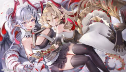 Rule 34 | 2girls, argente purest silver (shadowverse), ass, bare shoulders, belt, belt buckle, between breasts, black skirt, blonde hair, blush, boots, breasts, buckle, cleavage cutout, closed mouth, clothing cutout, dragon girl, dragon horns, dragon tail, dragon wings, drill hair, earrings, feather earrings, feathers, feet out of frame, foot out of frame, grey eyes, grey hair, hair between eyes, high collar, highres, holding hands, horns, intertwined tails, jewelry, kouyafu, large breasts, long hair, looking at viewer, looking back, lumiore prestigious gold (shadowverse), lying, monster girl, multicolored hair, multiple girls, multiple horns, necktie, necktie between breasts, official art, on back, on stomach, open mouth, pantyhose, pleated skirt, pointy ears, red hair, scales, serious, shadowverse, siblings, sideboob, simple background, single wing, sisters, skin tight, skirt, slit pupils, smile, spikes, straight hair, tail, thick thighs, thighhighs, thighs, twintails, white background, wings, yellow eyes, zettai ryouiki
