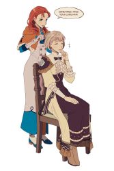 Rule 34 | 2girls, aged up, annette fantine dominic, blonde hair, blue eyes, boots, bow, bowtie, brushing hair, closed eyes, comb, earrings, english text, fire emblem, fire emblem: three houses, hand on own chin, hand on own thigh, highres, jewelry, long hair, mercedes von martritz, multiple girls, nintendo, orange hair, sitting, sophie (693432), standing, white background
