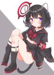 Rule 34 | 1girl, absurdres, bad id, bad pixiv id, black choker, black footwear, black gloves, black hair, black sailor collar, black serafuku, black shirt, black skirt, black socks, black wings, blue archive, bow, breasts, choker, closed mouth, collarbone, drawn ears, drawn tail, feathered wings, fingerless gloves, full body, gloves, grey background, halo, highres, long sleeves, looking at viewer, low wings, mashiro (blue archive), minato yu (0514), navel, pleated skirt, purple eyes, red bow, sailor collar, school uniform, serafuku, shirt, shoes, skirt, sleeves past wrists, smile, socks, solo, two-tone background, underboob, white background, winged halo, wings