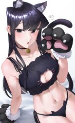 Rule 34 | 1girl, absurdres, animal ear fluff, animal ears, animal hands, arm support, bell, black bra, black choker, black eyes, black hair, black panties, bra, breasts, cat ears, cat lingerie, cat paws, cat tail, choker, cleavage cutout, clothing cutout, collarbone, hand up, highres, jebi, jingle bell, komi-san wa komyushou desu, komi shouko, large breasts, long hair, looking at viewer, meme attire, navel, neck bell, open mouth, panties, paw pose, side-tie panties, sitting, solo, stomach, straight hair, tail, underwear