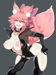 Rule 34 | 1girl, absurdres, animal ear fluff, animal ears, ass, black bodysuit, black gloves, bodysuit, breasts, breasts out, center opening, clothing cutout, collarbone, dimples of venus, fangs, fate/grand order, fate (series), fox ears, fox girl, fox tail, gloves, hair between eyes, hair ribbon, hand on own hip, highres, hip vent, koyanskaya (fate), large breasts, long hair, looking at viewer, midriff, navel, nipples, open mouth, pink hair, pink ribbon, ponytail, ribbon, sidelocks, simple background, smile, solo, spooki, tail, tamamo (fate), thigh cutout, thighs, tongue, yellow eyes