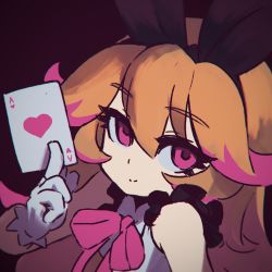 Rule 34 | 1girl, ace (playing card), ace of hearts, animal ears, azure striker gunvolt, bad id, bad twitter id, black background, brown hair, card, closed mouth, copyright request, eyelashes, fake animal ears, gloves, hairband, heart, holding, long hair, looking at viewer, neck ribbon, pantera (gunvolt), pink eyes, pink ribbon, playing card, rabbit ears, reiesu (reis), ribbon, simple background, solo, upper body, white gloves