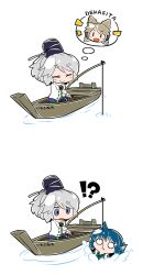 Rule 34 | !?, 2girls, bat (animal), blue eyes, blue hair, blush stickers, brown hair, byourou, chibi, closed eyes, comic, drill hair, earmuffs, fins, fishing, fishing rod, grey hair, hat, head fins, highres, japanese clothes, kimono, long hair, long sleeves, looking at another, mononobe no futo, multiple girls, open mouth, partially submerged, ponytail, romaji text, simple background, sitting, smile, speech bubble, tate eboshi, text focus, touhou, toyosatomimi no miko, wakasagihime, water, white background, wide sleeves