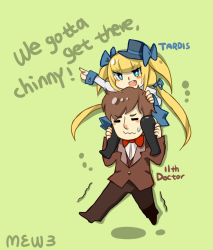 Rule 34 | 1boy, 1girl, bad id, bad pixiv id, blonde hair, blue eyes, bow, bowtie, doctor who, eleventh doctor, hat, jacket, mew3, personification, ribbon, shirt, tachibana neko, tardis, text focus, the doctor, thighhighs