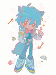 Rule 34 | animal ears, blue hair, blush, brown eyes, denim, dog tail, dramatical murder, gloves, hair between eyes, hand on own hip, headphones, headphones around neck, highres, jeans, kek11977291, leg warmers, long hair, looking at viewer, nitro+ chiral, pants, pointing, pointing up, seragaki aoba, shirt, smoking pipe, solo, sparkle, tail, umbrella, usagimodoki