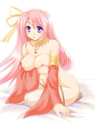 Rule 34 | 1girl, blush, breasts, commentary request, dancer, detached sleeves, full body, gypsy (ragnarok online), hair ribbon, harem pants, jewelry, large breasts, long hair, looking at viewer, masaya ichika, necklace, nipples, open mouth, pants, pink hair, purple eyes, ragnarok online, red sleeves, ribbon, sandals, sitting, solo, star (symbol), white background, yellow ribbon, yokozuwari