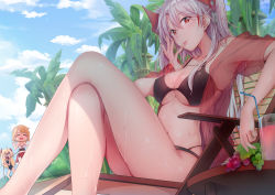 Rule 34 | 3girls, :3, :q, absurdres, admiral hipper (azur lane), ahoge, anger vein, armpits, azur lane, bikini, black bikini, blush, bound, braid, breasts, chair, cleavage, collarbone, cross, crossed legs, cup, day, drinking straw, drooling, elbow rest, fei luo mao, food, french braid, fruit, grapes, groin, hair between eyes, headgear, highres, iron cross, large breasts, licking, licking finger, long hair, looking at viewer, lounge chair, multicolored hair, multiple girls, navel, one-piece swimsuit, open clothes, open mouth, open shirt, outdoors, prince of wales (azur lane), prince of wales (sun shining upon windsor) (azur lane), prinz eugen (azur lane), red hair, red shirt, rope, sarong, see-through, shirt, short hair, sidelocks, silver hair, sitting, skindentation, smile, stomach, streaked hair, sun, swimsuit, thighs, tied up (nonsexual), tongue, tongue out, tropical drink, two side up, very long hair, wet