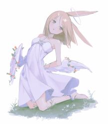 Rule 34 | 1girl, animal ears, bare shoulders, barefoot, breasts, dress, expressionless, full body, grass, grey eyes, grey hair, highres, kneeling, looking to the side, low wings, original, parted lips, plant, rabbit ears, sketch, small breasts, solo, vines, white dress, white wings, wings, yur1ca