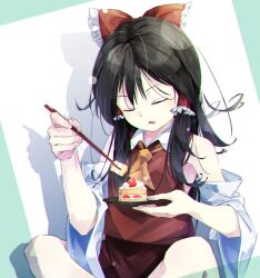 Rule 34 | 1girl, ascot, black hair, bow, cake, cake slice, chopsticks, closed eyes, commentary request, detached sleeves, food, frilled bow, frilled hair tubes, frills, fruit, gorilla (bun0615), hair bow, hair tubes, hakurei reimu, highres, holding, holding chopsticks, holding plate, long hair, open mouth, plate, red bow, red skirt, shadow, skirt, skirt set, solo, strawberry, strawberry slice, touhou, yellow ascot