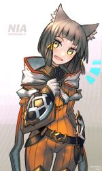 Rule 34 | 1girl, animal ears, blunt bangs, bodysuit, cat ears, eyebrows, gloves, hood, hood down, kky, long sleeves, looking at viewer, nia (xenoblade), nintendo, open mouth, ribbon, short hair, silver hair, simple background, smile, solo, white gloves, xenoblade chronicles (series), xenoblade chronicles 2, yellow bodysuit, yellow eyes