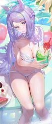 Rule 34 | 1girl, absurdres, alternate breast size, animal ears, bare shoulders, bikini, blue bow, blush, bow, breasts, bright pupils, cake, cake slice, cleavage, closed mouth, collarbone, crazy straw, day, drinking straw, feet out of frame, food, fruit, grapes, gun, hair bow, highres, holding, holding gun, holding weapon, horse ears, horse girl, horse tail, large breasts, long hair, looking at viewer, mejiro mcqueen (umamusume), navel, occa-key, outdoors, plate, purple eyes, purple hair, ribbon, side-tie bikini bottom, soaking feet, solo, sweat, swept bangs, swimsuit, tail, thigh gap, two-handed, umamusume, v-shaped eyebrows, water, weapon, white bikini, white ribbon