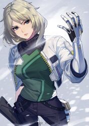 Rule 34 | absurdres, animification, arm up, black pants, blonde hair, blue eyes, commentary, cropped legs, deadlock (valorant), green shirt, gun, head tilt, high collar, highres, holding, holding gun, holding weapon, jacket, kagematsuri, looking at viewer, medium hair, open clothes, open jacket, pants, prosthesis, prosthetic arm, shirt, standing, symbol-only commentary, twitter username, valorant, weapon, white jacket