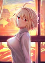 Rule 34 | 1girl, absurdres, arcueid brunestud, blonde hair, blush, breasts, harukey, highres, large breasts, long sleeves, looking at viewer, red eyes, short hair, smile, solo, sweater, tsukihime, turtleneck, turtleneck sweater, white sweater