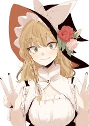 Rule 34 | 1girl, alternate costume, black hat, black nails, blonde hair, bow, closed mouth, fingernails, flower, green eyes, hands up, hat, hat bow, hat flower, kirisame marisa, looking at viewer, nail polish, necro (nekurodayo), red flower, red rose, rose, simple background, slit pupils, smile, solo, touhou, upper body, w, white background, white bow, white flower, white rose, witch hat