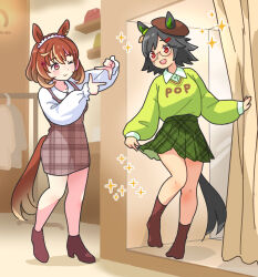 Rule 34 | &gt; o, 2girls, animal ears, bandaid, bandaid on face, beret, black hair, blush, boots, brown hair, brown headwear, casual, changing room, closed mouth, clothes writing, collared shirt, dress, finger frame, glasses, green skirt, green sweater, hairband, hat, high heel boots, high heels, horse ears, horse girl, horse tail, indoors, long sleeves, multiple girls, no shoes, north flight (umamusume), one eye closed, ooishi oil, open mouth, pinafore dress, red dress, red eyes, red socks, shirt, short hair, skirt, skirt hold, sleeveless, sleeveless dress, smile, socks, sparkle, standing, sweater, tail, umamusume, winning ticket (umamusume)