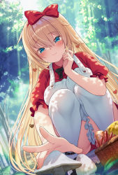 Rule 34 | 1girl, akai haato, apron, basket, black bow, black bowtie, blonde hair, blue eyes, blush, bow, bowtie, closed mouth, commentary request, day, dress, dutch angle, foreshortening, forest, hair between eyes, hair bow, highres, hololive, long hair, looking at viewer, magowasabi, mushroom, nail polish, nature, outdoors, panties, red bow, red dress, red nails, red panties, short sleeves, signature, solo, squatting, thighhighs, twitter username, underwear, very long hair, virtual youtuber, white apron, white thighhighs