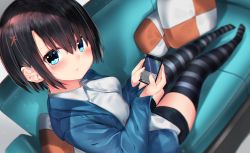 Rule 34 | 1girl, :t, black hair, black shorts, blue eyes, blue jacket, blush, breasts, cellphone, closed mouth, collared shirt, commentary request, couch, fingernails, hair between eyes, hair ornament, highres, holding, holding phone, jacket, looking at viewer, looking to the side, neku (neku draw), no shoes, on couch, open clothes, open jacket, original, phone, pillow, shirt, short shorts, shorts, small breasts, solo, striped clothes, striped thighhighs, thighhighs, translation request, white shirt