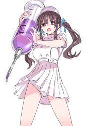 Rule 34 | 1girl, blue ribbon, brown eyes, brown hair, commentary, cowboy shot, dripping, hair between eyes, highres, holding, holding syringe, large syringe, looking at viewer, looking down, nurse, open mouth, original, oversized object, panties, pleated skirt, purple liquid, ribbon, simple background, skirt, solo, suzutsuki kurara, syringe, thighs, twintails, underwear, white background, white panties, white skirt