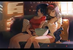 Rule 34 | 2girls, absurdres, animal ears, arutera, bad id, bad twitter id, black hair, blue eyes, blurry, blush, bokeh, bowl, breasts, brown hair, camisole, cleavage, closed eyes, crop top, depth of field, food, hairband, highres, indoors, jacket, large breasts, letterboxed, light particles, light rays, long hair, multiple girls, off shoulder, original, parted bangs, parted lips, popcorn, short hair, short shorts, shorts, sitting, sleeping, small breasts, strap slip, sunlight