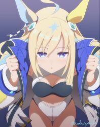 Rule 34 | ahoge, animal ears, blonde hair, blue background, blue eyes, blush, breasts, cleavage, commentary request, hair between eyes, hair ornament, horse ears, horse girl, horse tail, jacket, kaisendonburi, looking at viewer, multicolored hair, neo universe (umamusume), open mouth, simple background, small breasts, tail, twitter username, two-tone hair, umamusume