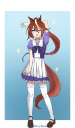 Rule 34 | 1girl, absurdres, animal ears, arm up, baozouyeguai, blue eyes, blush, border, bow, brown footwear, commentary, full body, gradient background, hair between eyes, highres, horse ears, horse girl, horse tail, loafers, long hair, multicolored hair, one eye closed, open mouth, petticoat, pleated skirt, ponytail, puffy short sleeves, puffy sleeves, purple bow, purple shirt, sailor collar, school uniform, shirt, shoes, short sleeves, skirt, smile, solo, sparkle, streaked hair, summer, tail, thighhighs, tokai teio (umamusume), tracen school uniform, twitter username, umamusume, very long hair, white border, white hair, white skirt, white thighhighs
