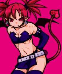 Rule 34 | 1girl, bad id, bad pixiv id, bat wings, belt, demon girl, demon tail, demon wings, disgaea, earrings, elbow gloves, etna (disgaea), face, flat chest, gloves, jewelry, midriff, nagare26, navel, pointy ears, red eyes, red hair, short hair, skirt, skull, smile, solo, tail, thighhighs, twintails, wings