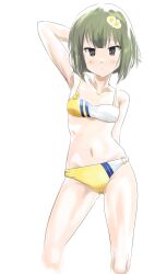 1girl absurdres arm_behind_head armpits ban_tsugumi bare_shoulders bikini blush bob_cut breasts brown_eyes collarbone commentary_request contrapposto cowboy_shot flower green_hair groin hair_flower hair_ornament highres looking_at_viewer mashitono_desu multicolored_bikini multicolored_clothes navel parted_lips short_hair sketch small_breasts solo standing stomach swimsuit toji_no_miko white_background white_bikini yellow_bikini