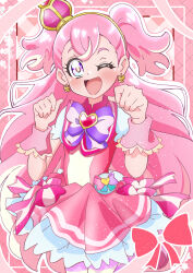 Rule 34 | 1girl, ;d, absurdres, akizora (aki precure), bow, bowtie, brooch, cowboy shot, crown, cure wonderful, dress, dress bow, earrings, frilled dress, frills, hairband, heart, heart brooch, highres, inukai komugi, jewelry, looking at viewer, magical girl, mini crown, one eye closed, open mouth, paw pose, pink dress, pink headwear, pouch, precure, short dress, short sleeves, smile, solo, standing, tilted headwear, two side up, wonderful precure!, wrist cuffs, yellow hairband