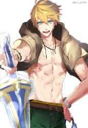 Rule 34 | 1boy, abs, arthur pendragon (fate), arthur pendragon (hero on the beach) (fate), bare pectorals, blonde hair, drawstring, excalibur (fate/prototype), fate/prototype, fate (series), green eyes, green male swimwear, green swim trunks, jewelry, looking at viewer, male focus, male swimwear, navel, necklace, open mouth, pectorals, pvc parfait, simple background, smile, solo, swim trunks, swimsuit, twitter username, weapon, white background